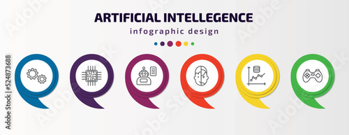 artificial intellegence infographic template with icons and 6 step or option. artificial intellegence icons such as hine, chip, laws of robotics, humanoid, prediction, gaming vector. can be used for