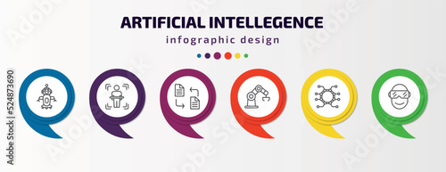artificial intellegence infographic template with icons and 6 step or option. artificial intellegence icons such as robot assistant, body scan, file transfer, bionic arm, unsupervised learning,