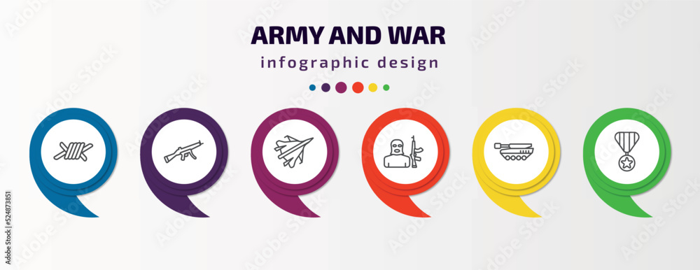 army and war infographic template with icons and 6 step or option. army and war icons such as barbed, automatic gun, jet, terrorist, tank, militaty medal vector. can be used for banner, info graph, army and war infographic template with icons and 6 step or option. army and war icons such as barbed, automatic gun, jet, terrorist, tank, militaty medal vector. can be used for banner, info graph,