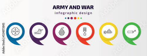 army and war infographic template with icons and 6 step or option. army and war icons such as chamber, warship, whizbang with rong, militar in, submarine front view, explosive vector. can be used