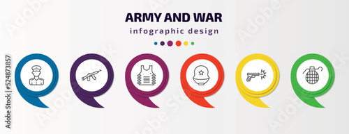army and war infographic template with icons and 6 step or option. army and war icons such as officer, , bulletproof, military helmet, gun shooting, granade vector. can be used for banner, info