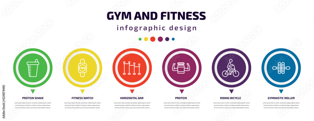 gym and fitness infographic element with icons and 6 step or option. gym and fitness icons such as protein shake, fitness watch, horizontal bar, protein, riding bicycle, gymnastic roller vector. can gym and fitness infographic element with icons and 6 step or option. gym and fitness icons such as protein shake, fitness watch, horizontal bar, protein, riding bicycle, gymnastic roller vector. can