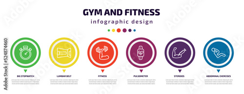 gym and fitness infographic element with icons and 6 step or option. gym and fitness icons such as big stopwatch, lumbar belt, fitness, pulsometer, steroids, abdominal exercises vector. can be used