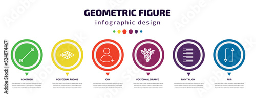 geometric figure infographic element with icons and 6 step or option. geometric figure icons such as lengthen, polygonal rhomb, join, polygonal giraffe, right align, flip vector. can be used for