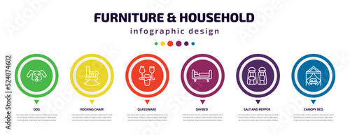 furniture & household infographic element with icons and 6 step or option. furniture & household icons such as dog, rocking chair, glassware, daybed, salt and pepper shakers, canopy bed vector. can