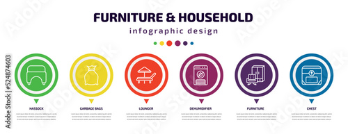 furniture & household infographic element with icons and 6 step or option. furniture & household icons such as hassock, garbage bags, lounger, dehumidifier, furniture, chest vector. can be used for