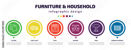 furniture & household infographic element with icons and 6 step or option. furniture & household icons such as pillows, table clock, oven, window, table, window coverings vector. can be used for