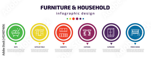furniture & household infographic element with icons and 6 step or option. furniture & household icons such as bath, gateleg table, cabinets, curtains, cupboard, porch swing vector. can be used for
