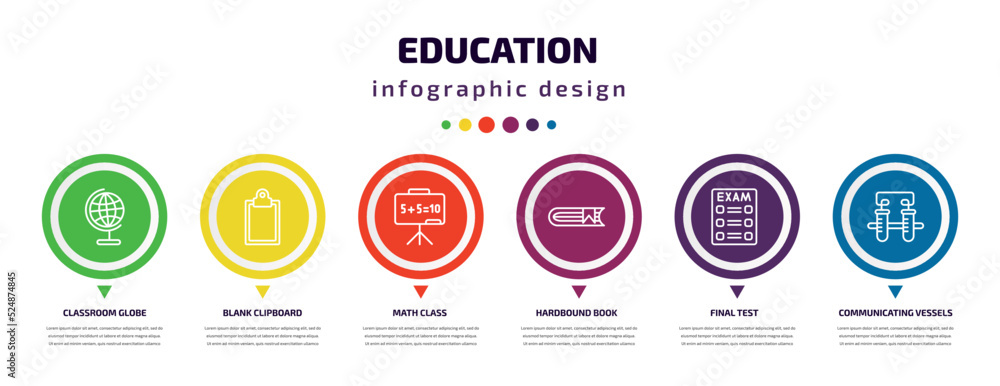 education infographic element with icons and 6 step or option. education icons such as classroom globe, blank clipboard, math class, hardbound book, final test, communicating vessels vector. can be education infographic element with icons and 6 step or option. education icons such as classroom globe, blank clipboard, math class, hardbound book, final test, communicating vessels vector. can be
