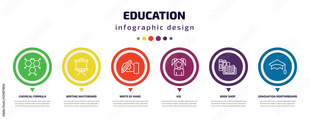 education infographic element with icons and 6 step or option. education icons such as chemical formula, writing whiteboard, write by hand, kid, book shop, graduation mortarboard vector. can be used education infographic element with icons and 6 step or option. education icons such as chemical formula, writing whiteboard, write by hand, kid, book shop, graduation mortarboard vector. can be used