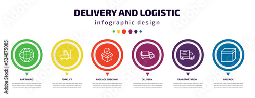 delivery and logistic infographic element with icons and 6 step or option. delivery and logistic icons such as earth grid, forklift, package checking, delivery, transportation, package vector. can