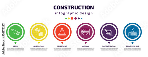 construction infographic element with icons and 6 step or option. construction icons such as big saw, constructions, road stopper, brickwall, construction plan, derrick with load vector. can be used