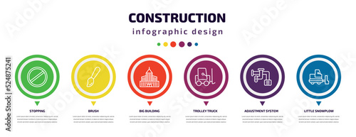 construction infographic element with icons and 6 step or option. construction icons such as stopping, brush, big building, trolley truck, adjustment system, little snowplow vector. can be used for