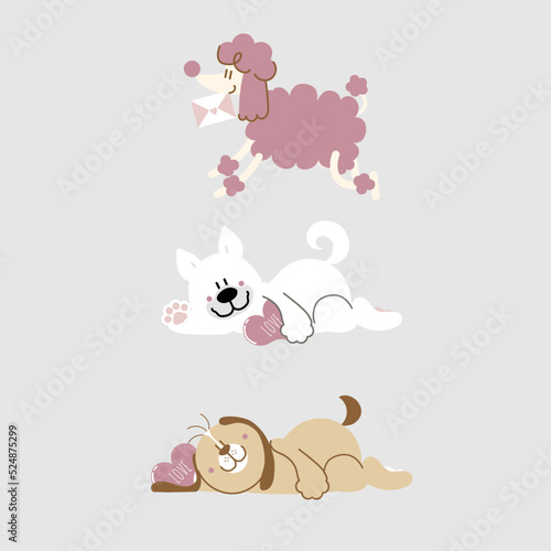 collection set of cute and lovely hand drawn dog holding heart and love letter, happy valentine's day, flat vector illustration cartoon character costume design