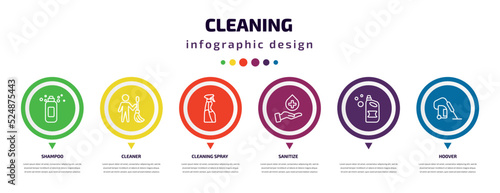 cleaning infographic element with icons and 6 step or option. cleaning icons such as shampoo, cleaner, cleaning spray, sanitize, , hoover vector. can be used for banner, info graph, web,
