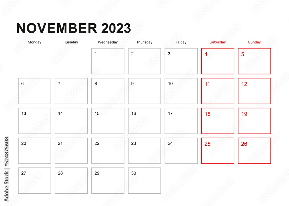 Wall planner for November 2023 in English language, week starts in Monday.