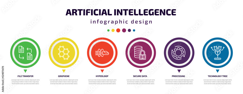 artificial intellegence infographic element with icons and 6 step or option. artificial intellegence icons such as file transfer, graphene, hyperloop, secure data, processing, technology tree artificial intellegence infographic element with icons and 6 step or option. artificial intellegence icons such as file transfer, graphene, hyperloop, secure data, processing, technology tree