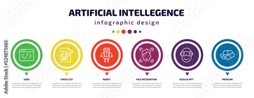 artificial intellegence infographic element with icons and 6 step or option. artificial intellegence icons such as code, check list, robot, face recognition, oculus rift, medicine vector. can be