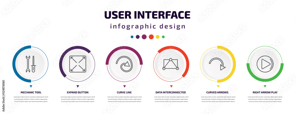 user interface infographic element with icons and 6 step or option. user interface icons such as mechanic tool, expand button, curve line, data interconnected, curved arrows, right arrow play button user interface infographic element with icons and 6 step or option. user interface icons such as mechanic tool, expand button, curve line, data interconnected, curved arrows, right arrow play button