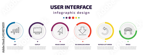 user interface infographic element with icons and 6 step or option. user interface icons such as gap, display, mouse cursor, big download arrow, refresh left arrow, bridge vector. can be used for