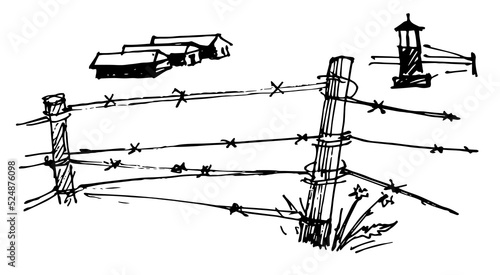 Hand drawn art with buildings behind the fence