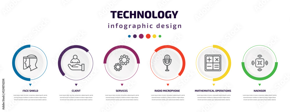 technology infographic element with icons and 6 step or option. technology icons such as face shield, client, services, radio microphone, mathematical operations, naensor vector. can be used for technology infographic element with icons and 6 step or option. technology icons such as face shield, client, services, radio microphone, mathematical operations, naensor vector. can be used for