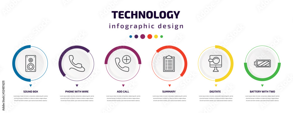 technology infographic element with icons and 6 step or option. technology icons such as sound box, phone with wire, add call, summary, digitate, battery with two bars vector. can be used for technology infographic element with icons and 6 step or option. technology icons such as sound box, phone with wire, add call, summary, digitate, battery with two bars vector. can be used for