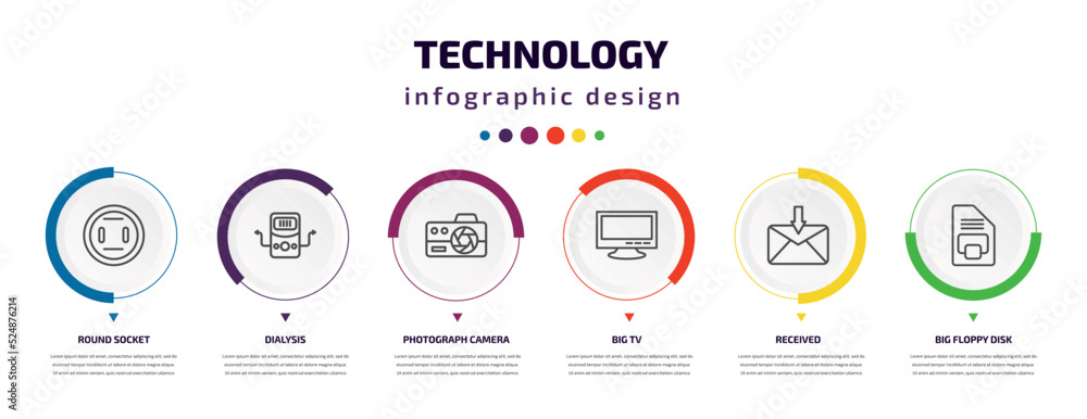 technology infographic element with icons and 6 step or option. technology icons such as round socket, dialysis, photograph camera, big tv, received, big floppy disk vector. can be used for banner, technology infographic element with icons and 6 step or option. technology icons such as round socket, dialysis, photograph camera, big tv, received, big floppy disk vector. can be used for banner,