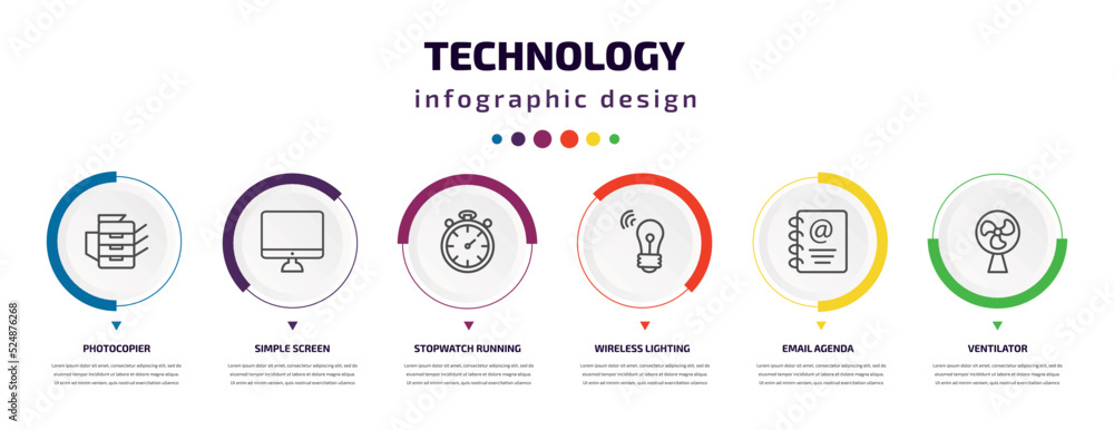 technology infographic element with icons and 6 step or option. technology icons such as photocopier, simple screen, stopwatch running, wireless lighting, email agenda, ventilator vector. can be technology infographic element with icons and 6 step or option. technology icons such as photocopier, simple screen, stopwatch running, wireless lighting, email agenda, ventilator vector. can be