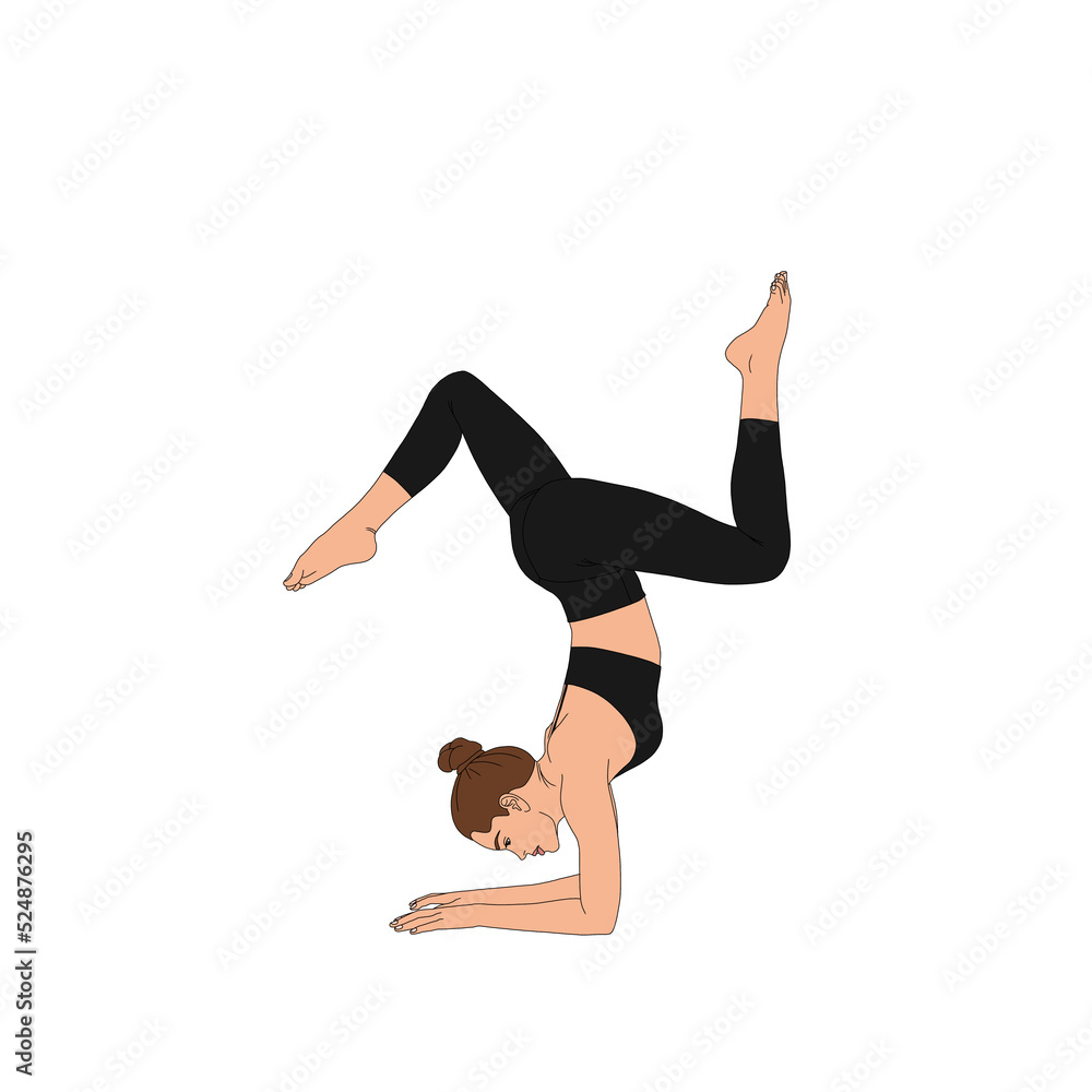 PNG Handstand With Splits Pose / Pincha Mayurasana. Flexible Woman doing inverted yoga asana pose exercise on yoga fashion illustration painting poster without background