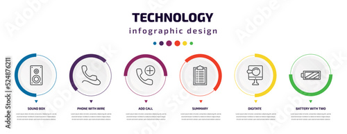 technology infographic element with icons and 6 step or option. technology icons such as sound box, phone with wire, add call, summary, digitate, battery with two bars vector. can be used for