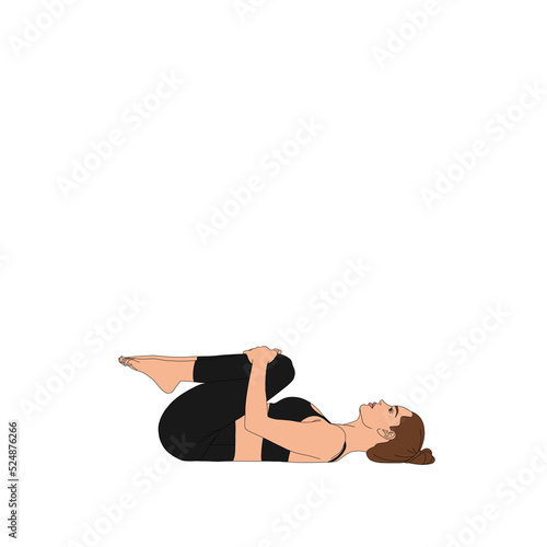 PNG Knees to Chest Pose / Apanasana. Flexible lying woman girl doing stretch basic yoga asana pose exercise without background, fashion illustration, cartoon portrait painting poster person figure