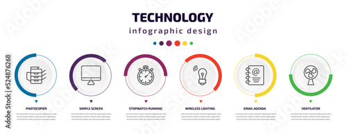 technology infographic element with icons and 6 step or option. technology icons such as photocopier, simple screen, stopwatch running, wireless lighting, email agenda, ventilator vector. can be