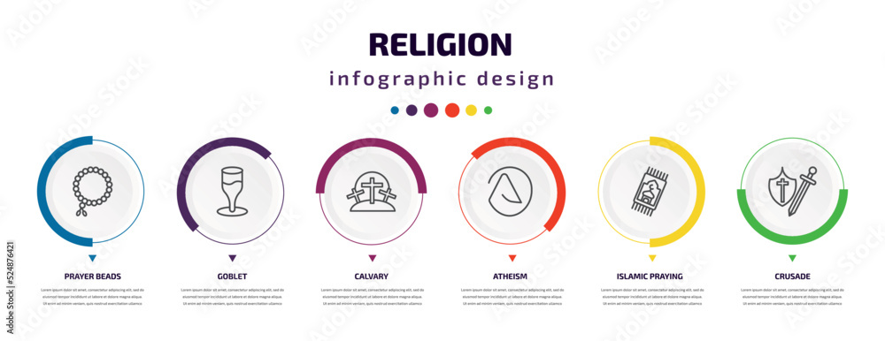 religion infographic element with icons and 6 step or option. religion icons such as prayer beads, goblet, calvary, atheism, islamic praying carpet, crusade vector. can be used for banner, info religion infographic element with icons and 6 step or option. religion icons such as prayer beads, goblet, calvary, atheism, islamic praying carpet, crusade vector. can be used for banner, info