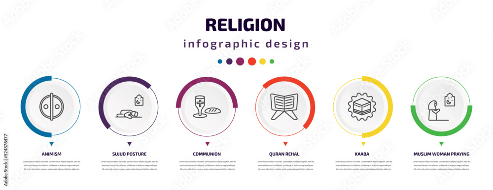 religion infographic element with icons and 6 step or option. religion icons such as animism, sujud posture, communion, quran rehal, kaaba, muslim woman praying vector. can be used for banner, info religion infographic element with icons and 6 step or option. religion icons such as animism, sujud posture, communion, quran rehal, kaaba, muslim woman praying vector. can be used for banner, info