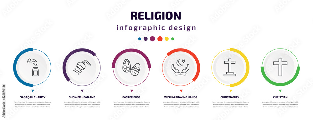 religion infographic element with icons and 6 step or option. religion icons such as sadaqah charity, shower head and water, easter eggs, muslim praying hands, christianity, christian vector. can be religion infographic element with icons and 6 step or option. religion icons such as sadaqah charity, shower head and water, easter eggs, muslim praying hands, christianity, christian vector. can be