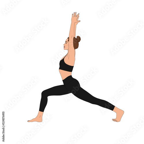 PNG Crescent Pose (High Lunge Pose) / Anjanyeasana (Warrior 1 Variation). The beautiful woman practicing yoga without background. The cartoon painting illustration poster of human doing basic asana.