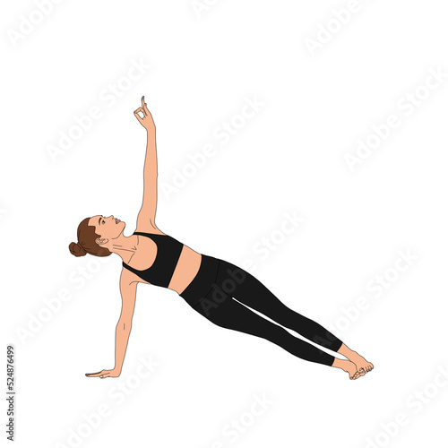 PNG Side Plank Pose / Vasisthasana. Beautiful woman figure practicing yoga asana exercise. The cartoon illustration of human, activity, without background.