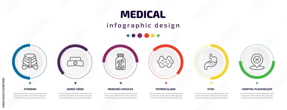 medical infographic element with icons and 6 step or option. medical icons such as sternum, nurse cross, medicine capsules, thyroid gland, stoh, hospital placeholder vector. can be used for banner, medical infographic element with icons and 6 step or option. medical icons such as sternum, nurse cross, medicine capsules, thyroid gland, stoh, hospital placeholder vector. can be used for banner,