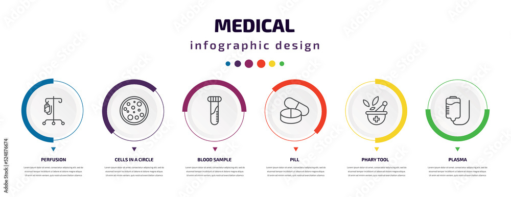 medical infographic element with icons and 6 step or option. medical icons such as perfusion, cells in a circle, blood sample, pill, phary tool, plasma vector. can be used for banner, info graph, medical infographic element with icons and 6 step or option. medical icons such as perfusion, cells in a circle, blood sample, pill, phary tool, plasma vector. can be used for banner, info graph,