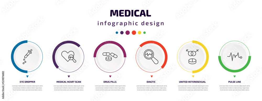 medical infographic element with icons and 6 step or option. medical icons such as eye dropper, medical heart scan, drug pills, diagtic, united heterosexual, pulse line vector. can be used for medical infographic element with icons and 6 step or option. medical icons such as eye dropper, medical heart scan, drug pills, diagtic, united heterosexual, pulse line vector. can be used for