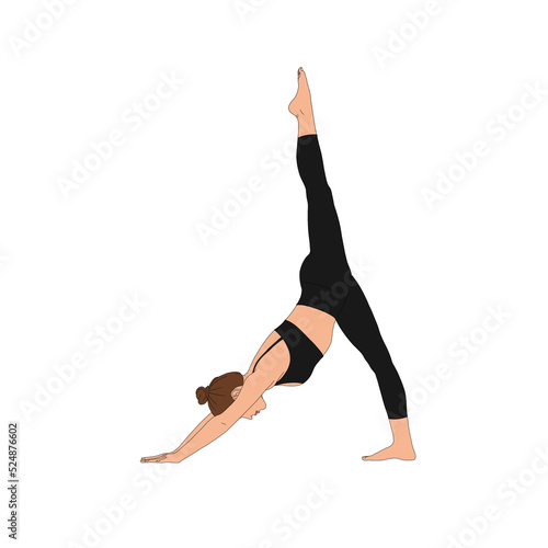 PNG Three Legged Down Dog / Tri Pada Adho Mukha Svanasana. Stretching flexible woman practicing doing yoga asana without background. The cartoon illustration poster painting of person. © MILA KOCHNEVA