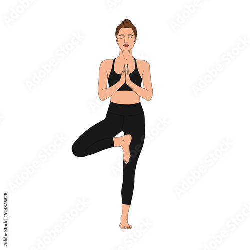 PNG Tree Pose / Vrkasana. Beautiful flexible standing woman practicing doing yoga basic asana without background. Meditating girl portrait fashion illustration poster picture, woman figure.