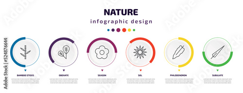 nature infographic element with icons and 6 step or option. nature icons such as bamboo sticks, obovate, season, sol, philodendron, subulate vector. can be used for banner, info graph, web,