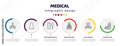medical infographic element with icons and 6 step or option. medical icons such as p, e, syrup medicine bottle, hospital building front, skull and bone, plastered foot vector. can be used for