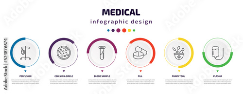 medical infographic element with icons and 6 step or option. medical icons such as perfusion, cells in a circle, blood sample, pill, phary tool, plasma vector. can be used for banner, info graph,