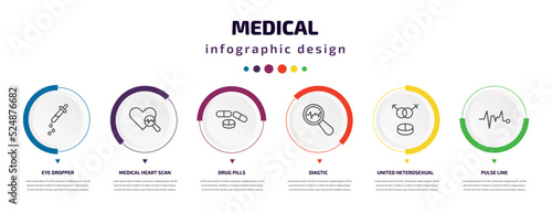 medical infographic element with icons and 6 step or option. medical icons such as eye dropper, medical heart scan, drug pills, diagtic, united heterosexual, pulse line vector. can be used for