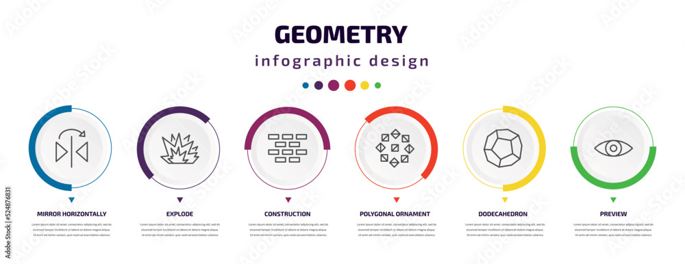 geometry infographic element with icons and 6 step or option. geometry icons such as mirror horizontally, explode, construction, polygonal ornament, dodecahedron, preview vector. can be used for