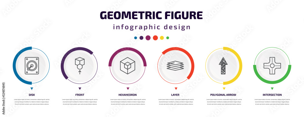 geometric figure infographic element with icons and 6 step or option. geometric figure icons such as disk, front, hexahedron, layer, polygonal arrow up, intersection vector. can be used for banner, geometric figure infographic element with icons and 6 step or option. geometric figure icons such as disk, front, hexahedron, layer, polygonal arrow up, intersection vector. can be used for banner,