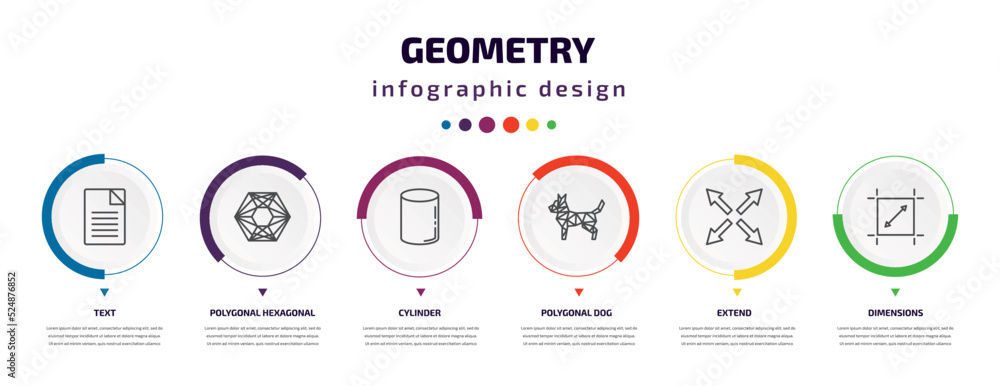 geometry infographic element with icons and 6 step or option. geometry icons such as text, polygonal hexagonal, cylinder, polygonal dog, extend, dimensions vector. can be used for banner, info geometry infographic element with icons and 6 step or option. geometry icons such as text, polygonal hexagonal, cylinder, polygonal dog, extend, dimensions vector. can be used for banner, info